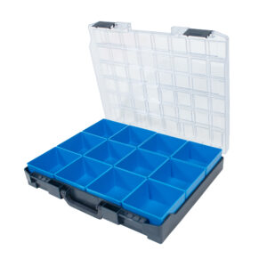Coffret d'assortiment en plastique comprenant 12 inserts bleus
